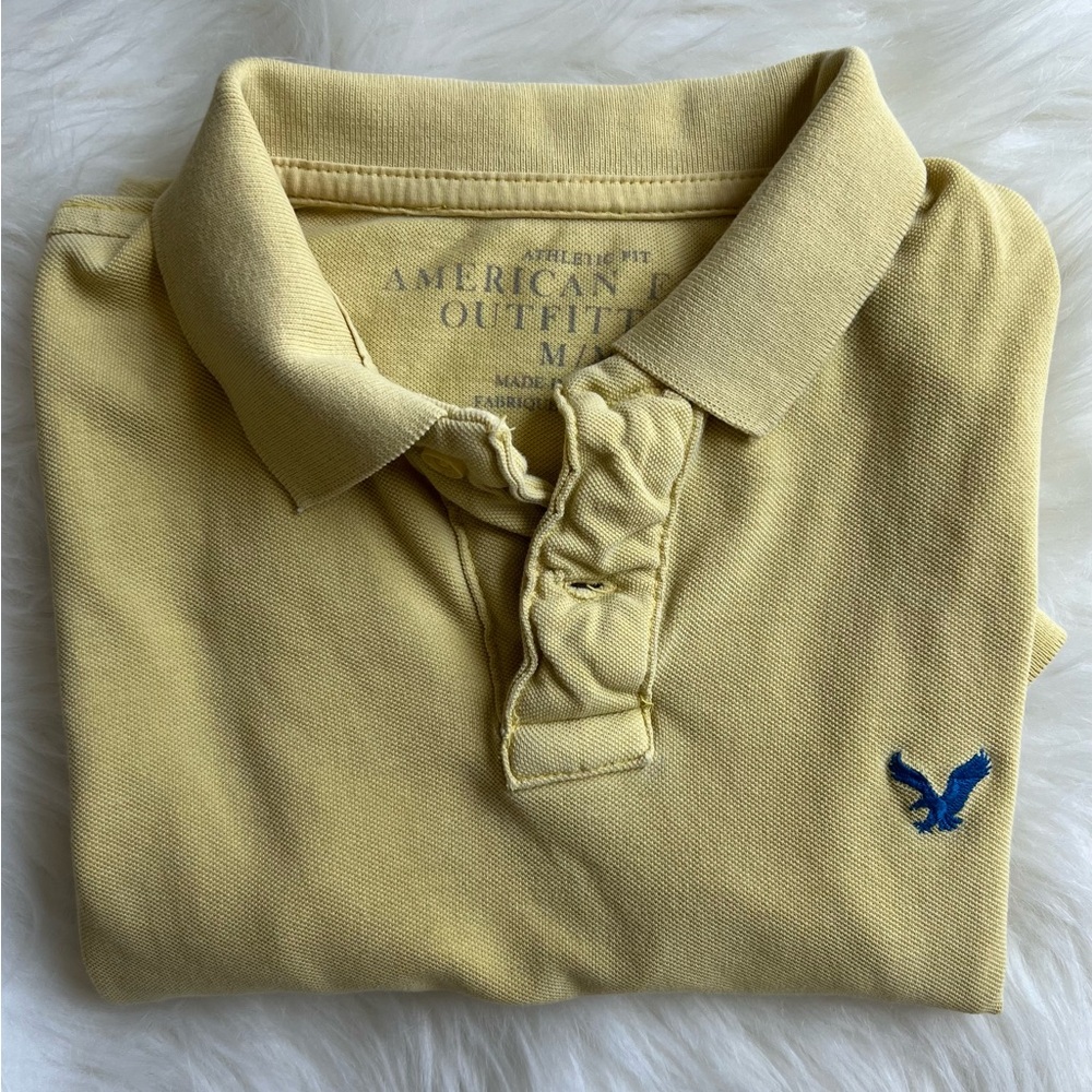 American Eagle Outfitters Polo Shirt Mens M Medium Yellow Blue Logo athletic Fit